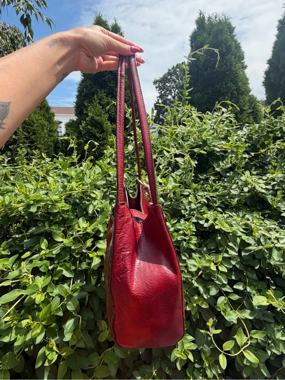 Classic Women's Shoulder Bag in Burgundy with Scarf Accent